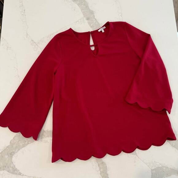 JODIFL Tops - Jodifl Long Bell Sleeve Scalloped Hem Blouse Women’s Medium Bright Red Keyhole